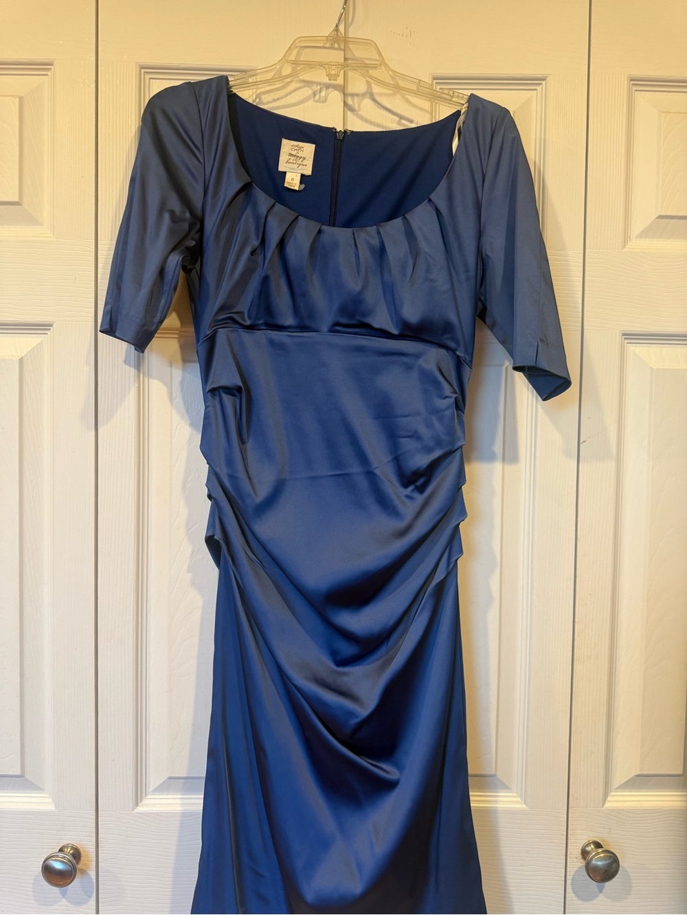 Suzi Chin for Maggy Boutique Deep Blue Satin Ruched Midi Dress